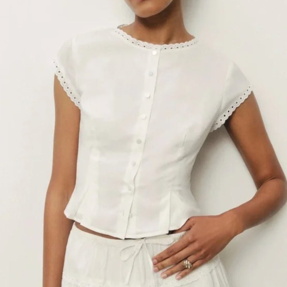 Reformation White Eyelet-Trim Cap Sleeve Blouse - Picture 2 of 6